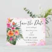 Waterverf Tropical Flowers Pink Gold Glitter Save The Date (Staand voorkant)
