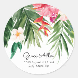 Waterverf Tropical Flowers Retouradres Ronde Sticker