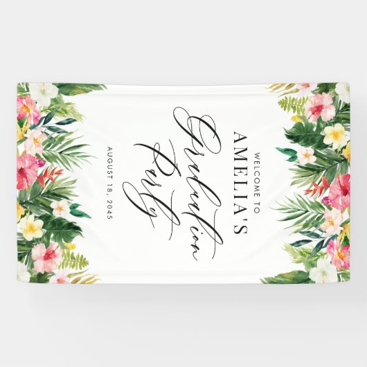 Waterverf Tropical Garlands Afstudeerfeest Spandoek (Horizontaal)