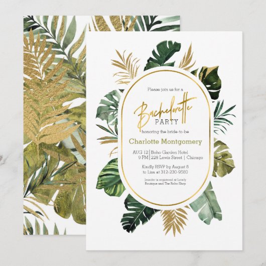 Waterverf Tropical Gold Foil Bachelorette Party Kaart (Voorkant / Achterkant)