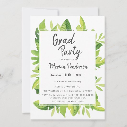 Waterverf Tropical Graduation Party Invitation Kaart (Voorkant)
