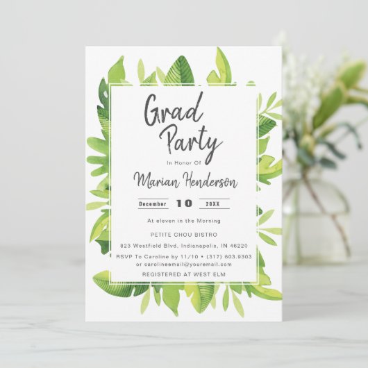 Waterverf Tropical Graduation Party Invitation Kaart (Staand voorkant)