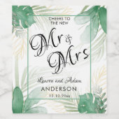 Waterverf Tropical Green Mr & Mrs Wedding Wijn Etiket (Enkel label)