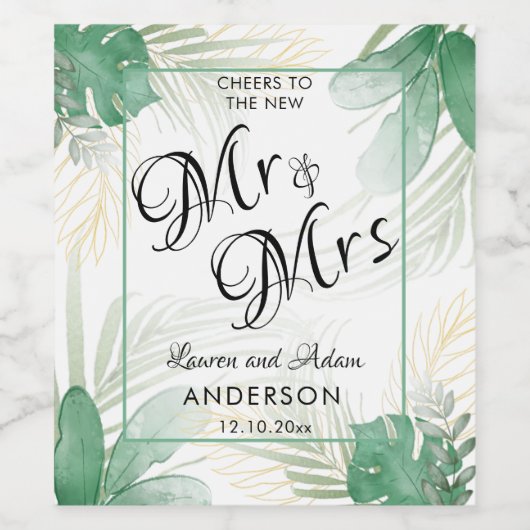 Waterverf Tropical Green Mr & Mrs Wedding Wijn Etiket (Enkel label)