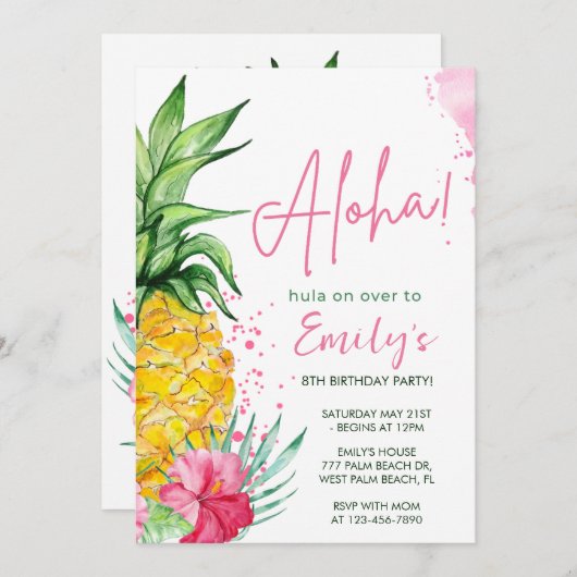 Waterverf Tropical Hula Verjaardagsuitnodiging Kaart (Voorkant / Achterkant)