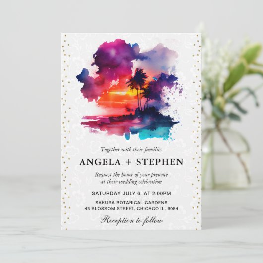 Waterverf Tropical Island Zonsondergang Bruiloft Kaart (Staand voorkant)