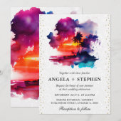 Waterverf Tropical Island Zonsondergang Bruiloft Kaart (Voorkant / Achterkant)