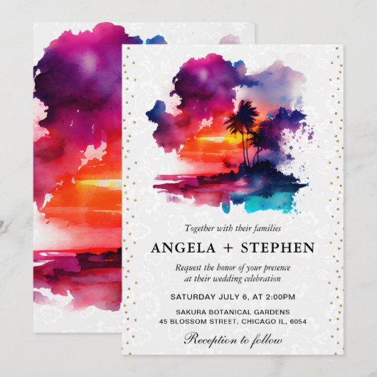 Waterverf Tropical Island Zonsondergang Bruiloft Kaart (Voorkant / Achterkant)