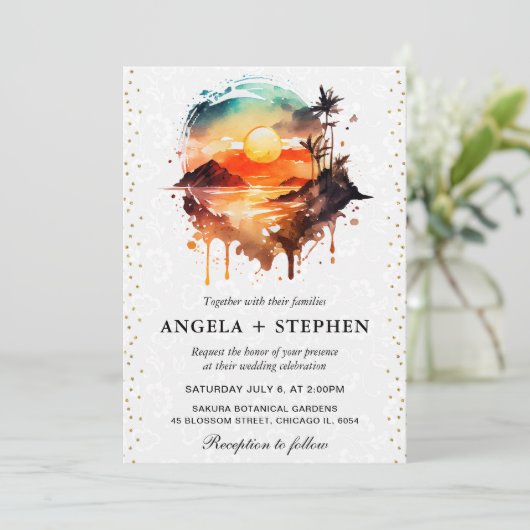 Waterverf Tropical Island Zonsondergang Bruiloft Kaart (Staand voorkant)