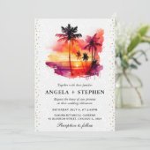 Waterverf Tropical Island Zonsondergang Bruiloft Kaart (Staand voorkant)