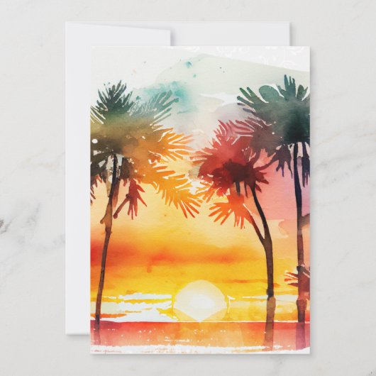 Waterverf Tropical Island Zonsondergang Bruiloft Kaart (Achterkant)