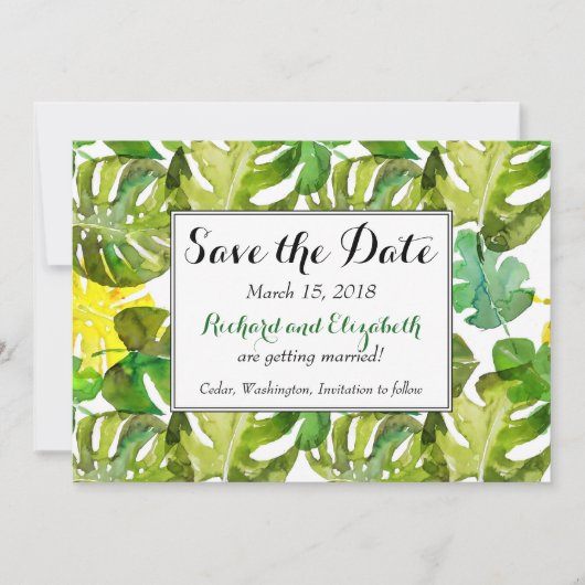 Waterverf Tropical Leaves bruiloft Save the Date Kaart (Voorkant)