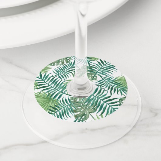 Waterverf Tropical Leaves Bruiloft Wijnglas Labels (Dichtbij)