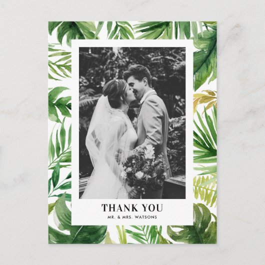 Waterverf Tropical Leaves Fotobruiloft Dank u Briefkaart (Voorkant)