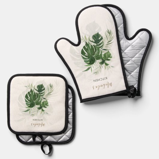 Waterverf Tropical Leaves Greenery gepersonaliseer Ovenwant & Pannenlap Set (Voorkant / Achterkant)
