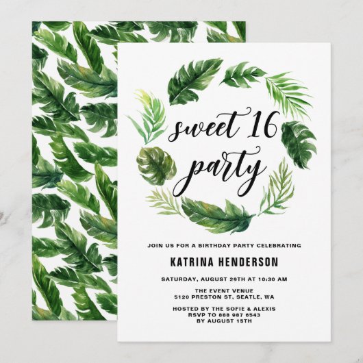 Waterverf Tropical Leaves Krans Sweet 16 Party Kaart (Voorkant / Achterkant)
