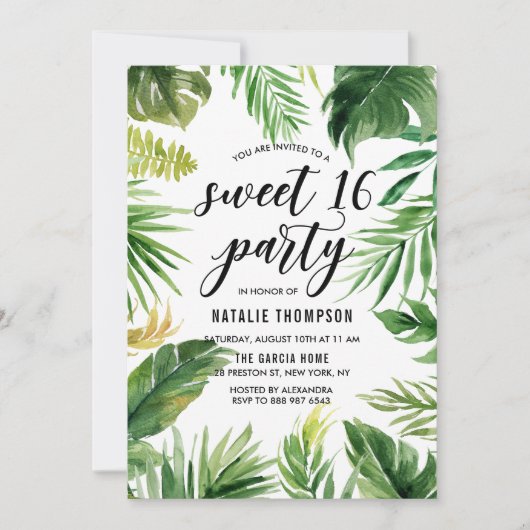 Waterverf Tropical Leaves Lijst Sweet 16 Party Kaart (Voorkant)