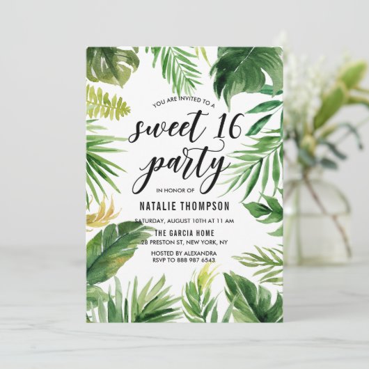 Waterverf Tropical Leaves Lijst Sweet 16 Party Kaart (Staand voorkant)
