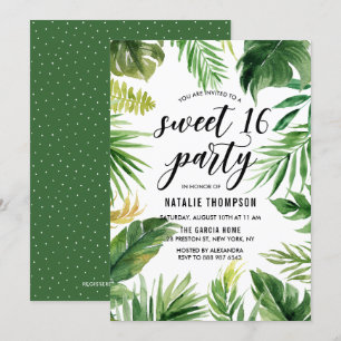 Waterverf Tropical Leaves Lijst Sweet 16 Party Kaart