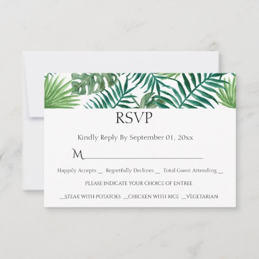 Waterverf Tropical Leaves Maaltijdkeuze RSVP-kaart RSVP Kaartje (Voorkant)