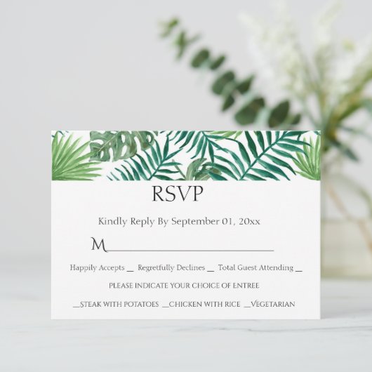 Waterverf Tropical Leaves Maaltijdkeuze RSVP-kaart RSVP Kaartje (Staand voorkant)