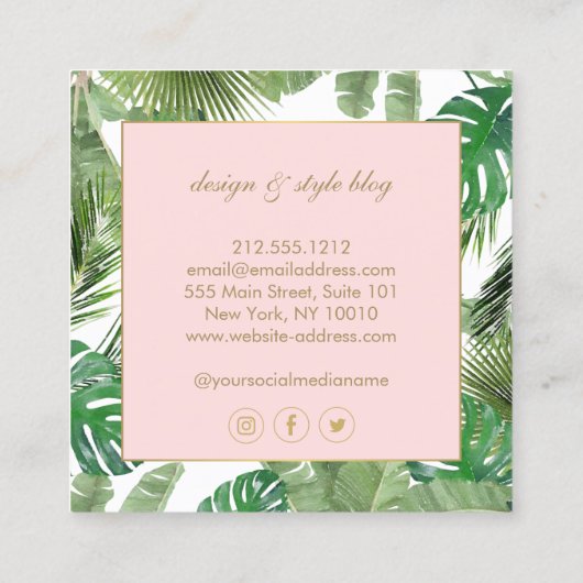 Waterverf Tropical Leaves Pattern Designer Vierkante Visitekaartje (Achterkant)