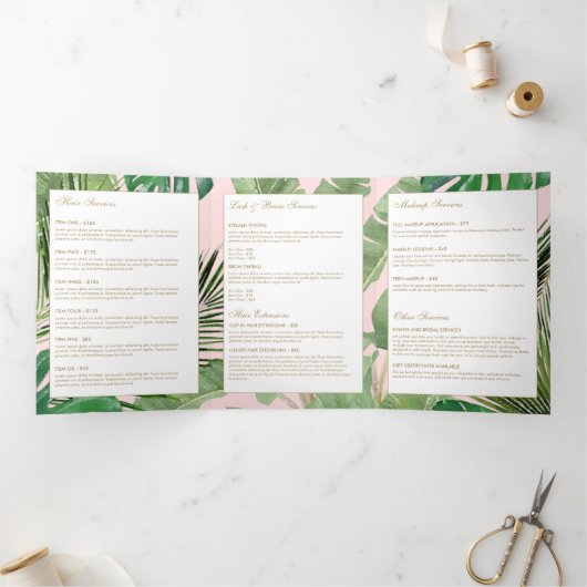 Waterverf Tropical Leaves Roze Salon Brochure Drieluik Kaart (Binnen)