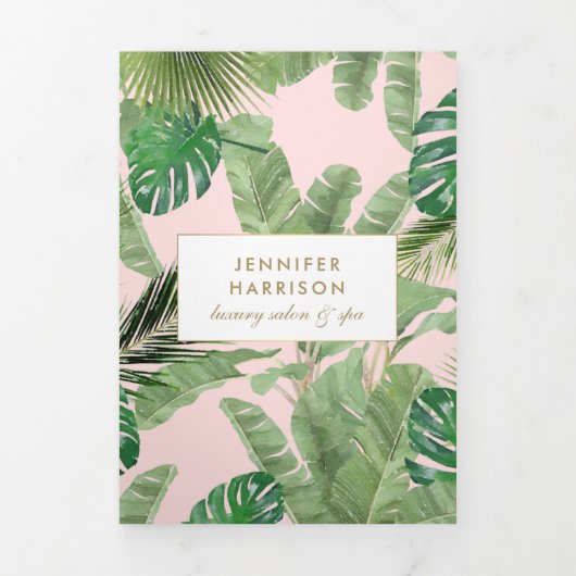 Waterverf Tropical Leaves Roze Salon Brochure Drieluik Kaart (Cover)