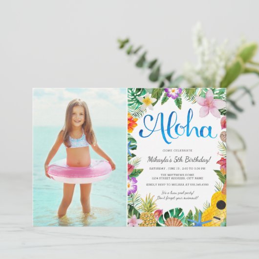 Waterverf Tropical Luau | Foto verjaardagsfeestje Kaart (Staand voorkant)