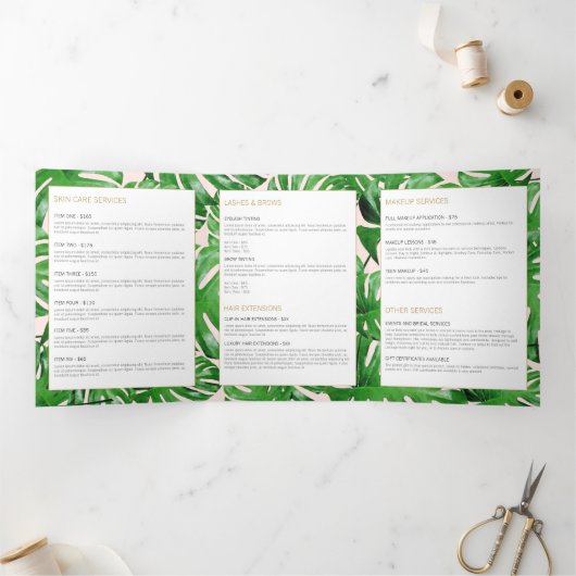 Waterverf Tropical Monstera laat roze brochure ach Drieluik Kaart (Binnen)