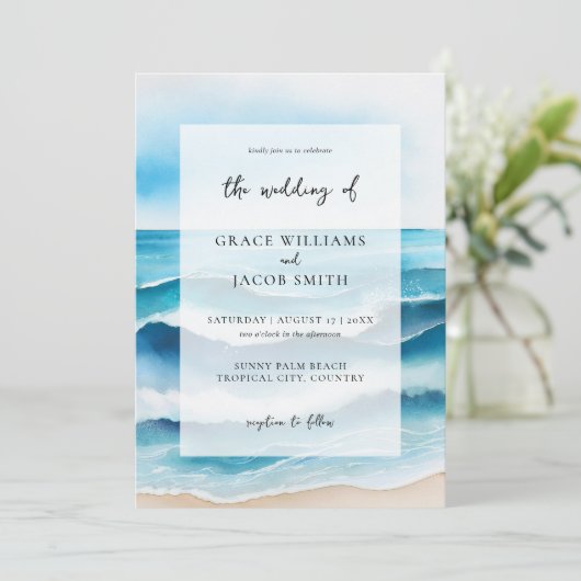 Waterverf Tropical Ocean Beach Bruiloft Kaart (Staand voorkant)