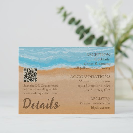 Waterverf Tropical Ocean Beach QR Code Bruiloft Informatiekaartje (Staand voorkant)