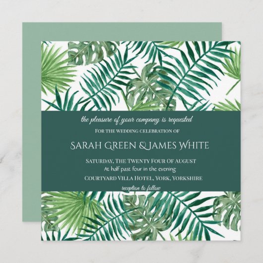 Waterverf Tropical Palm Wedding Invitation Square Kaart (Voorkant / Achterkant)