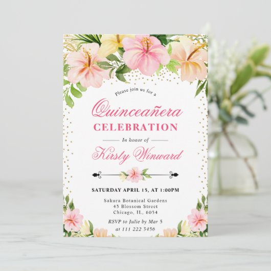 Waterverf Tropical Pink Flowers Quinceanera Kaart (Staand voorkant)