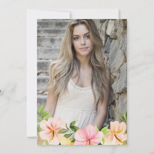 Waterverf Tropical Pink Flowers Quinceanera Kaart (Achterkant)