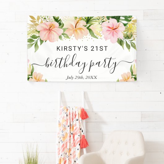 Waterverf Tropical Pink Flowers Verjaardagsfeest Spandoek (Insitu)