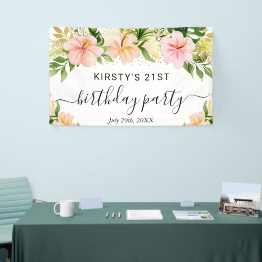 Waterverf Tropical Pink Flowers Verjaardagsfeest Spandoek (Beurs)