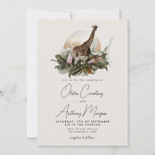 Waterverf Tropical Safari Oerwoud Giraffe Wedding Kaart (Voorkant)