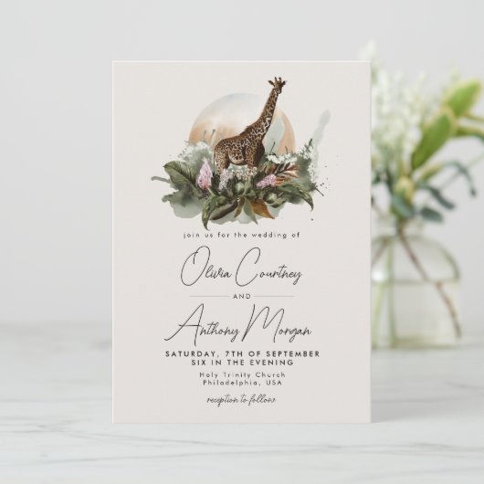 Waterverf Tropical Safari Oerwoud Giraffe Wedding Kaart (Staand voorkant)