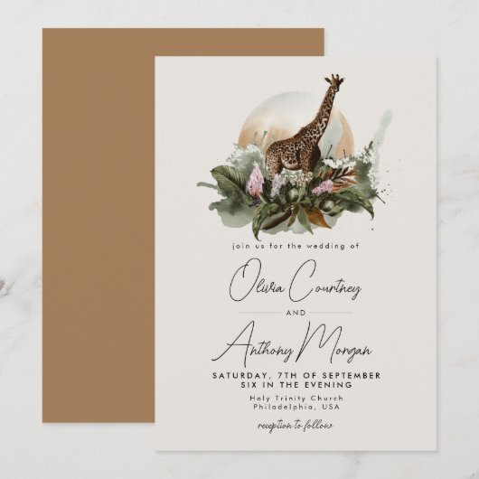 Waterverf Tropical Safari Oerwoud Giraffe Wedding Kaart (Voorkant / Achterkant)
