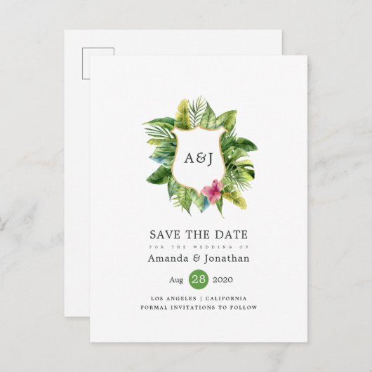 Waterverf Tropical Summer Beach Weddenschap Monogr Aankondigingskaart (Voorkant / Achterkant)