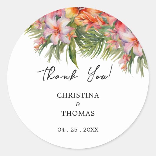 Waterverf Tropical Wedding Dank u Ronde Sticker (Voorkant)