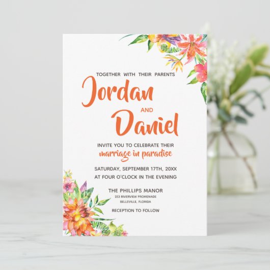 Waterverf Tropics Floral Chic Destination Wedding Kaart (Staand voorkant)