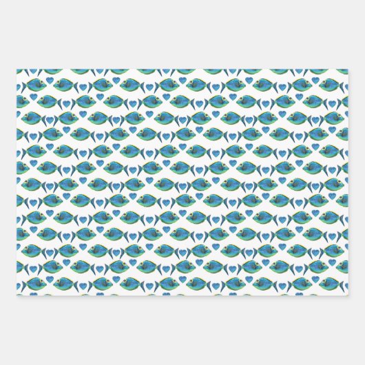 Waterverf Tropisch Blauw Vis en Harten Inpakpapier Vel (Voorkant 3)