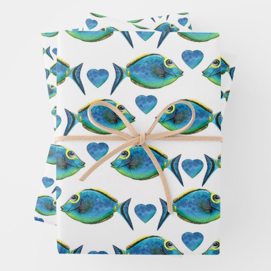 Waterverf Tropisch Blauw Vis en Harten Inpakpapier Vel (In situ)