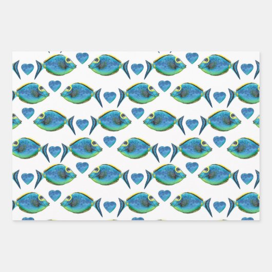 Waterverf Tropisch Blauw Vis en Harten Inpakpapier Vel (Voorkant)