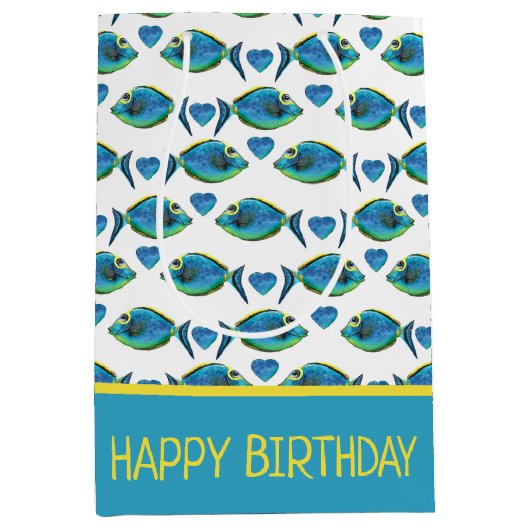 Waterverf Tropisch Blauw Vis en Harten Medium Cadeauzakje (Voorkant)