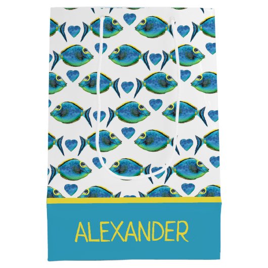 Waterverf Tropisch Blauw Vis en Harten Medium Cadeauzakje (Achterkant)