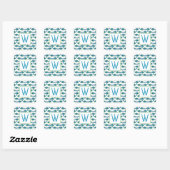 Waterverf Tropisch Blauw Vis en Harten Monogram Vierkante Sticker (Vel)