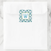 Waterverf Tropisch Blauw Vis en Harten Monogram Vierkante Sticker (Tas)